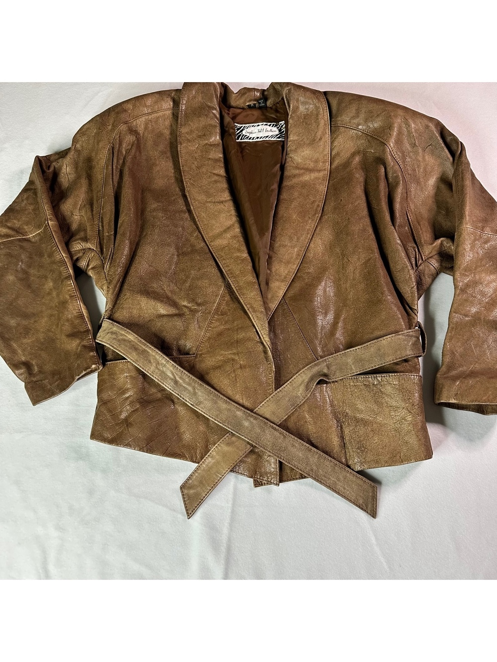 Vintage 80s Sophia Int'l Leathers Distressed Brown Leather Wrap Jacket Belt M